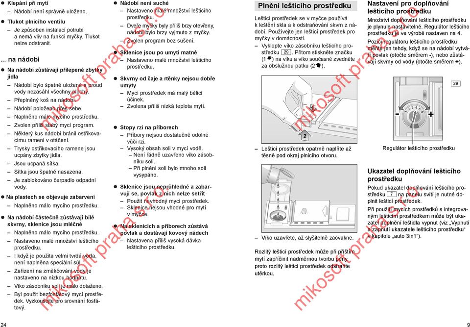 Naplněno málo mycího prostředku. Zvolen příliš slabý mycí program. Některý kus nádobí bránil ostřikovacímu rameni v otáčení. Trysky ostřikovacího ramene jsou ucpány zbytky jídla. Jsou ucpaná sítka.