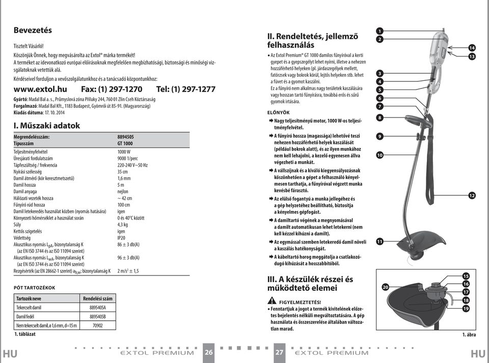 Kérdéseivel forduljon a vevőszolgálatunkhoz és a tanácsadó központunkhoz: www.extol.hu Fax: (1) 297-1270 Tel: (1) 297-1277 Gyártó: Madal Bal a. s.