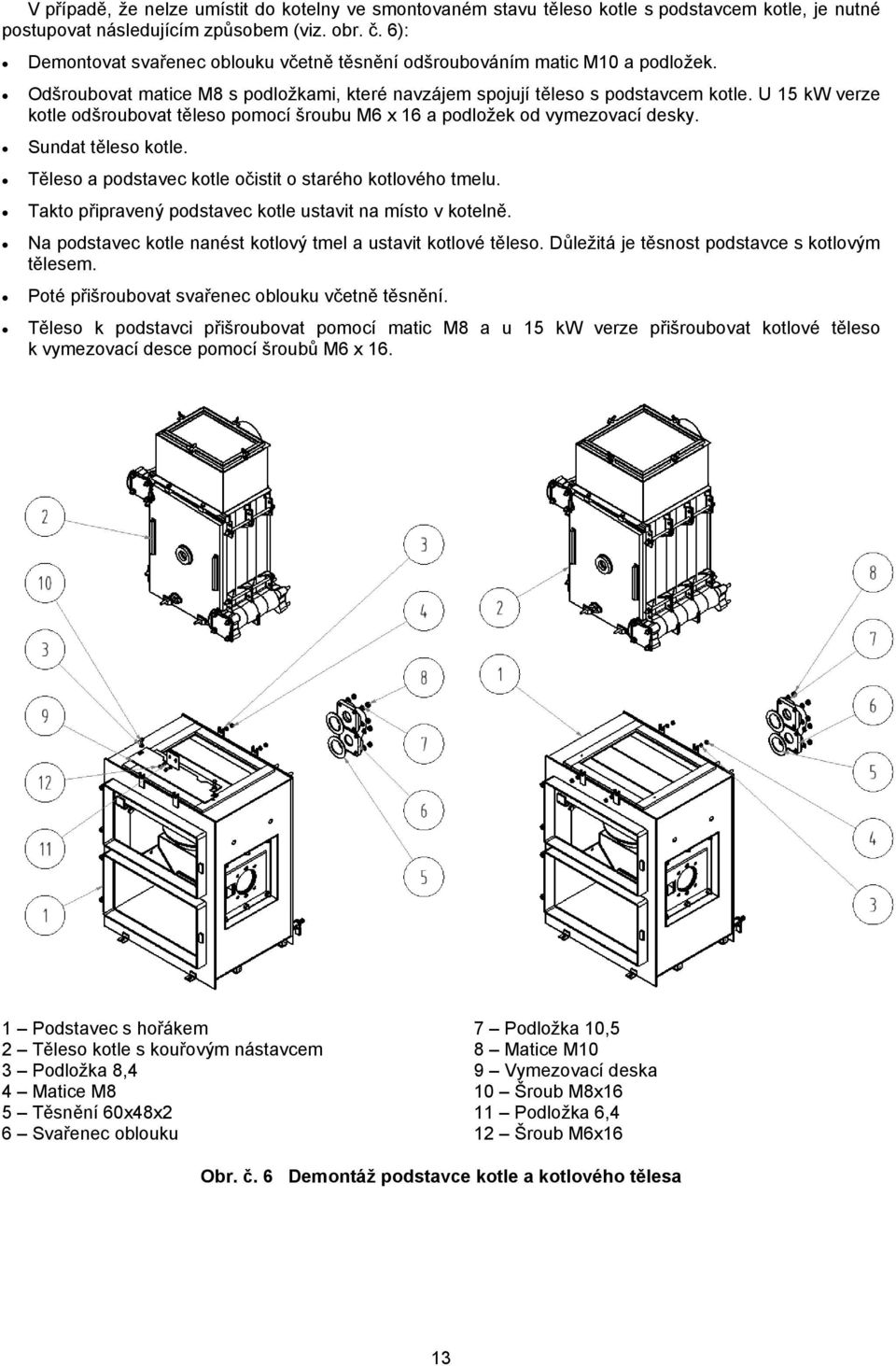 U 15 kw verze kotle odšroubovat těleso pomocí šroubu M6 x 16 a podložek od vymezovací desky. Sundat těleso kotle. Těleso a podstavec kotle očistit o starého kotlového tmelu.