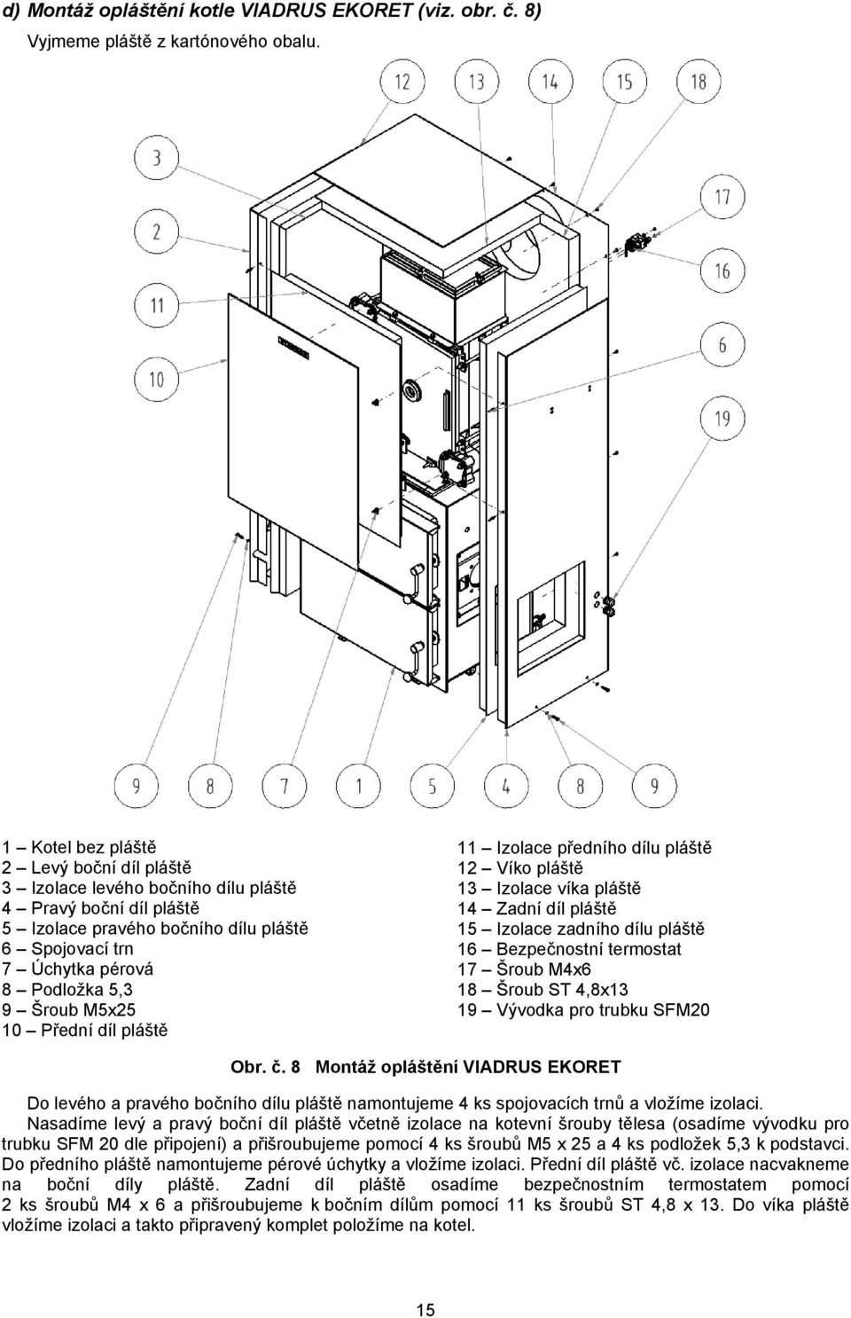 M5x25 10 Přední díl pláště 11 Izolace předního dílu pláště 12 Víko pláště 13 Izolace víka pláště 14 Zadní díl pláště 15 Izolace zadního dílu pláště 16 Bezpečnostní termostat 17 Šroub M4x6 18 Šroub ST