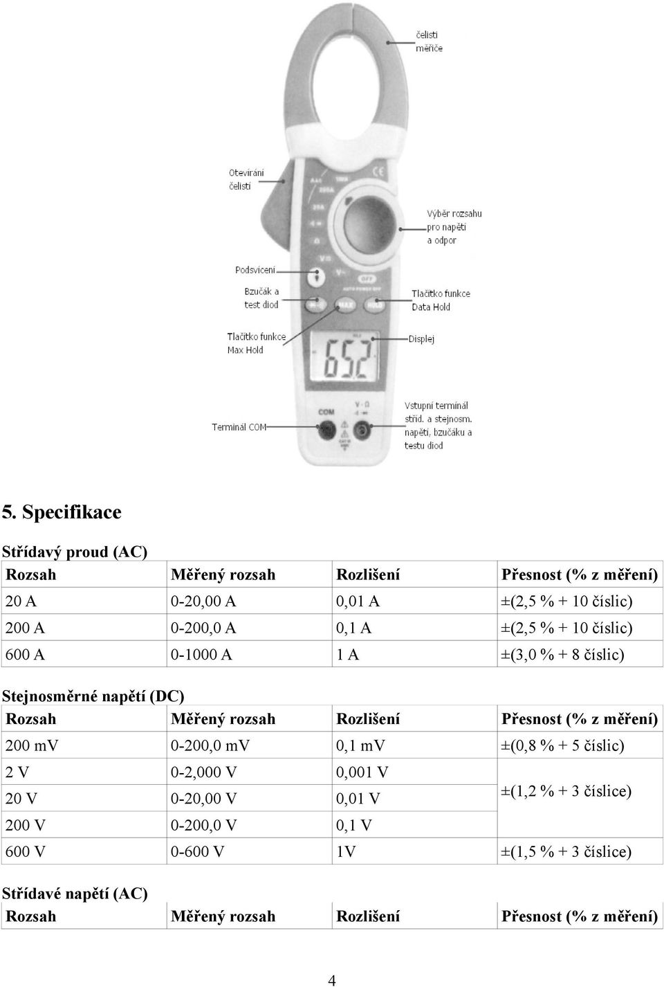 Rozlišení Přesnost (% z měření) 200 mv 0-200,0 mv 0,1 mv ±(0,8 % + 5 číslic) 2 V 0-2,000 V 0,001 V 20 V 0-20,00 V 0,01 V 200 V