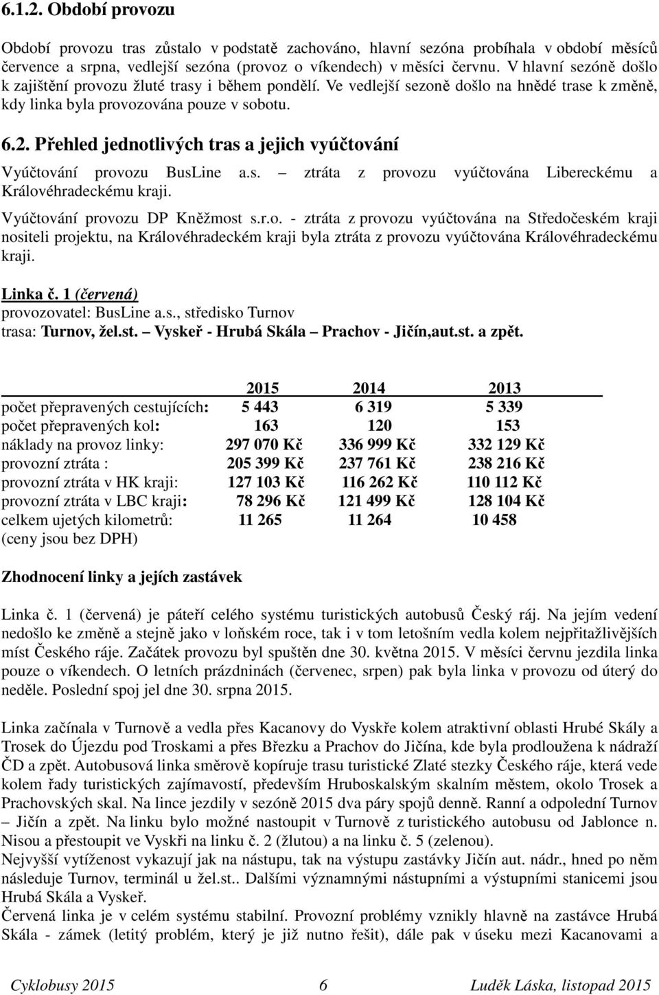 Přehled jednotlivých tras a jejich vyúčtování Vyúčtování provozu BusLine a.s. ztráta z provozu vyúčtována Libereckému a Královéhradeckému kraji. Vyúčtování provozu DP Kněžmost s.r.o. - ztráta z provozu vyúčtována na Středočeském kraji nositeli projektu, na Královéhradeckém kraji byla ztráta z provozu vyúčtována Královéhradeckému kraji.