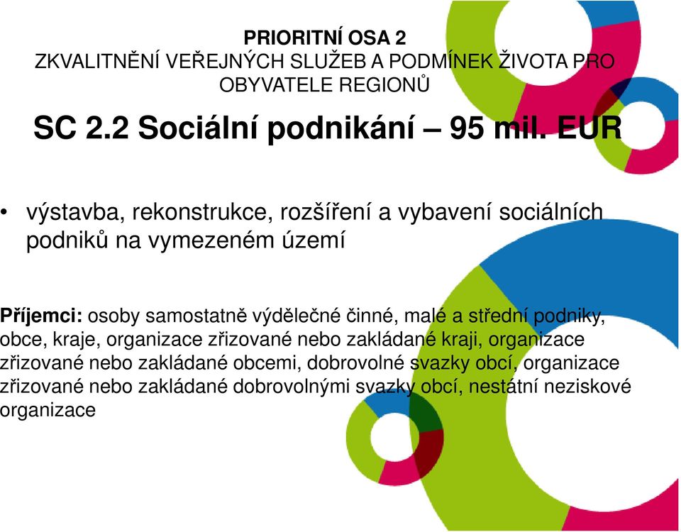 výdělečné činné, malé a střední podniky, obce, kraje, organizace zřizované nebo zakládané kraji, organizace zřizované nebo