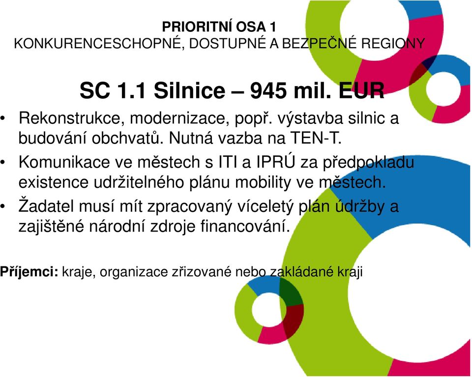 Komunikace ve městech s ITI a IPRÚ za předpokladu existence udržitelného plánu mobility ve městech.