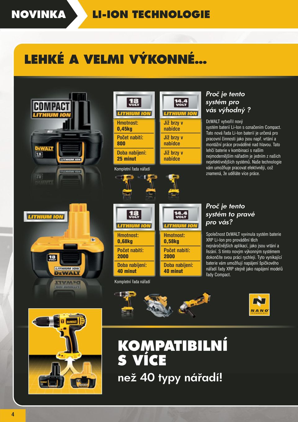 Compact. Tato nová řada Li-Ion baterií je určená pro pracovní činnosti jako jsou např. vrtání a montážní práce prováděné nad hlavou.