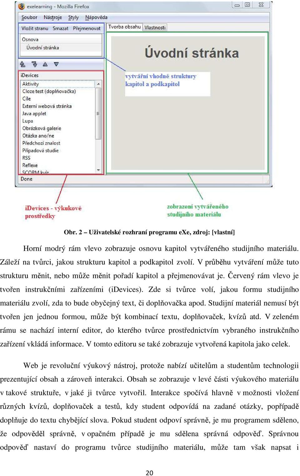Červený rám vlevo je tvořen instrukčními zařízeními (idevices). Zde si tvůrce volí, jakou formu studijního materiálu zvolí, zda to bude obyčejný text, či doplňovačka apod.