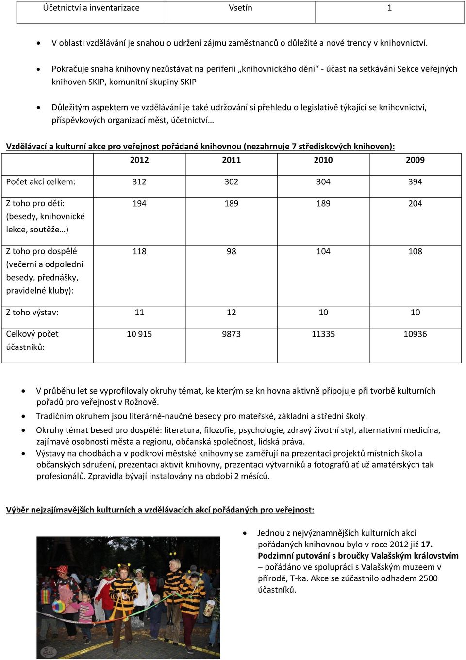 přehledu o legislativě týkající se knihovnictví, příspěvkových organizací měst, účetnictví Vzdělávací a kulturní akce pro veřejnost pořádané knihovnou (nezahrnuje 7 střediskových knihoven): 2012 2011