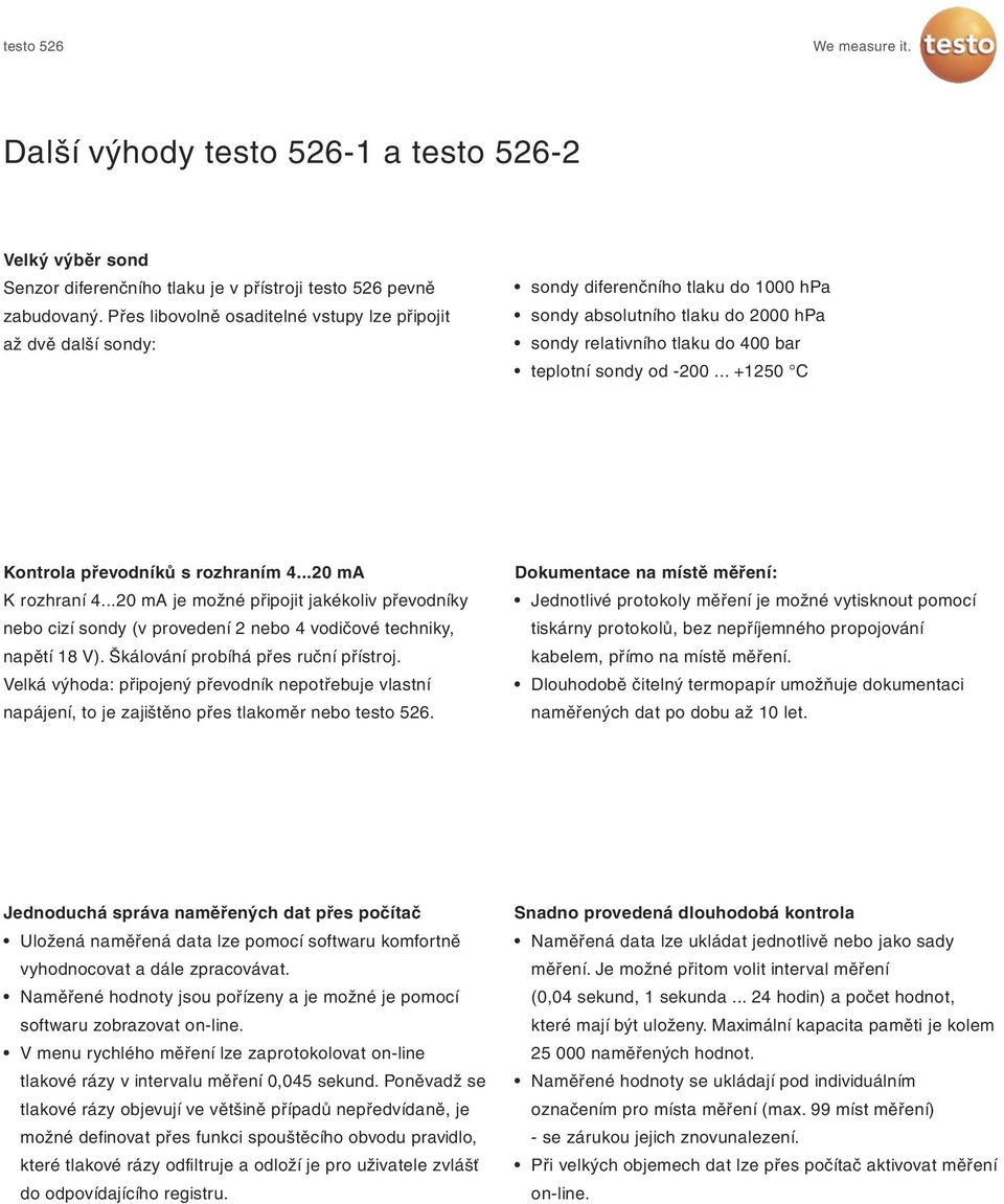 .. +1250 C Kontrola převodníků s rozhraním 4...20 ma K rozhraní 4...20 ma je možné připojit jakékoliv převodníky nebo cizí sondy (v provedení 2 nebo 4 vodičové techniky, napětí 18 V).