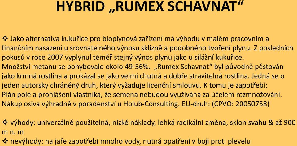 Rumex Schavnat byl původně pěstován jako krmná rostlina a prokázal se jako velmi chutná a dobře stravitelná rostlina. Jedná se o jeden autorsky chráněný druh, který vyžaduje licenční smlouvu.