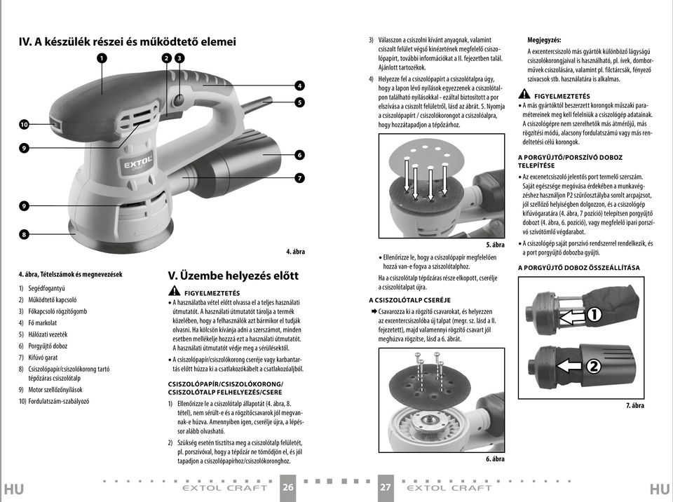 Csiszolópapír/csiszolókorong tartó tépőzáras csiszolótalp 9) Motor szellőzőnyílások 10) Fordulatszám-szabályozó 1 2 3 V.