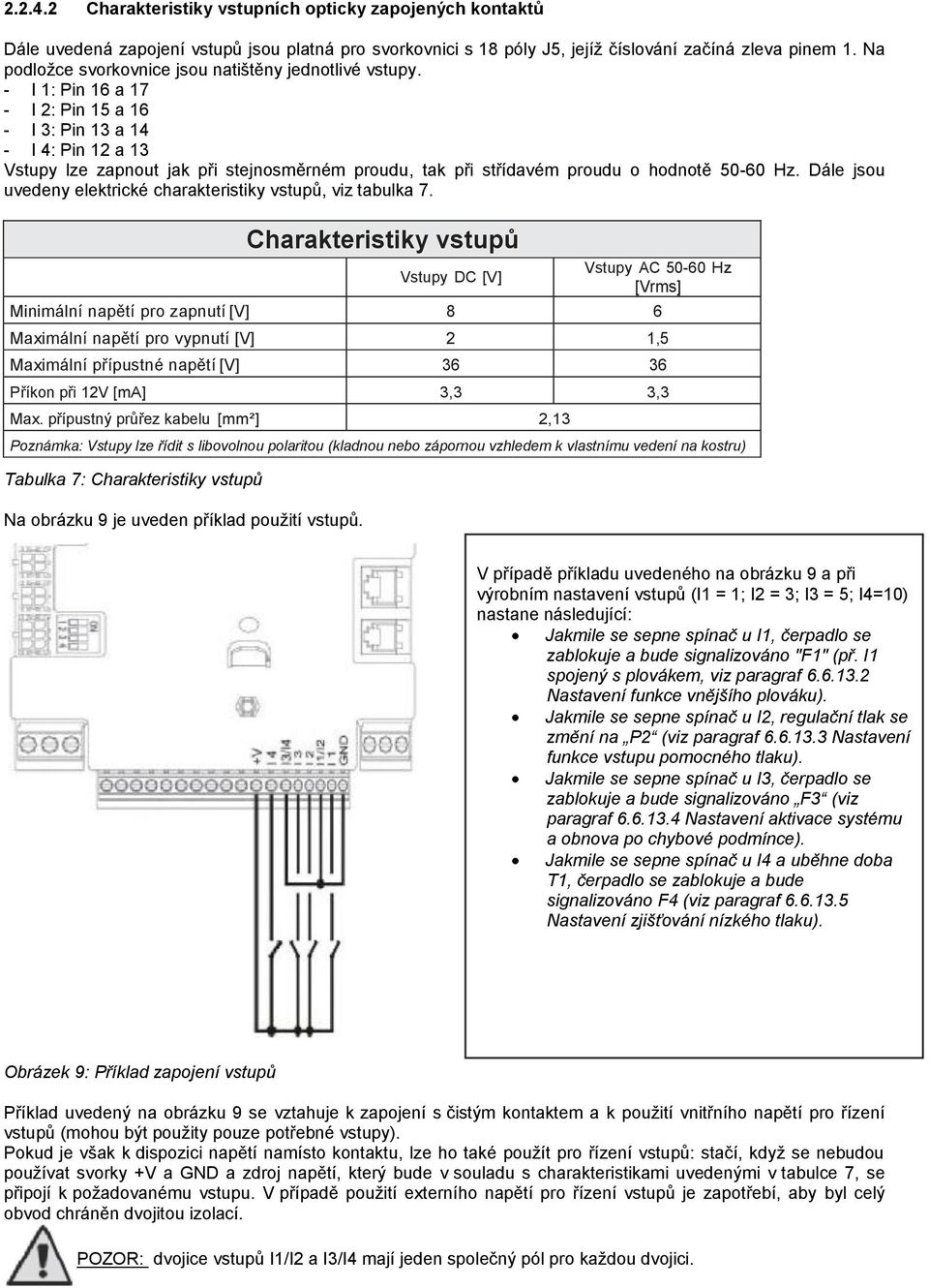 - I 1: Pin 16 a 17 - I 2: Pin 15 a 16 - I 3: Pin 13 a 14 - I 4: Pin 12 a 13 Vstupy lze zapnout jak při stejnosměrném proudu, tak při střídavém proudu o hodnotě 50-60 Hz.