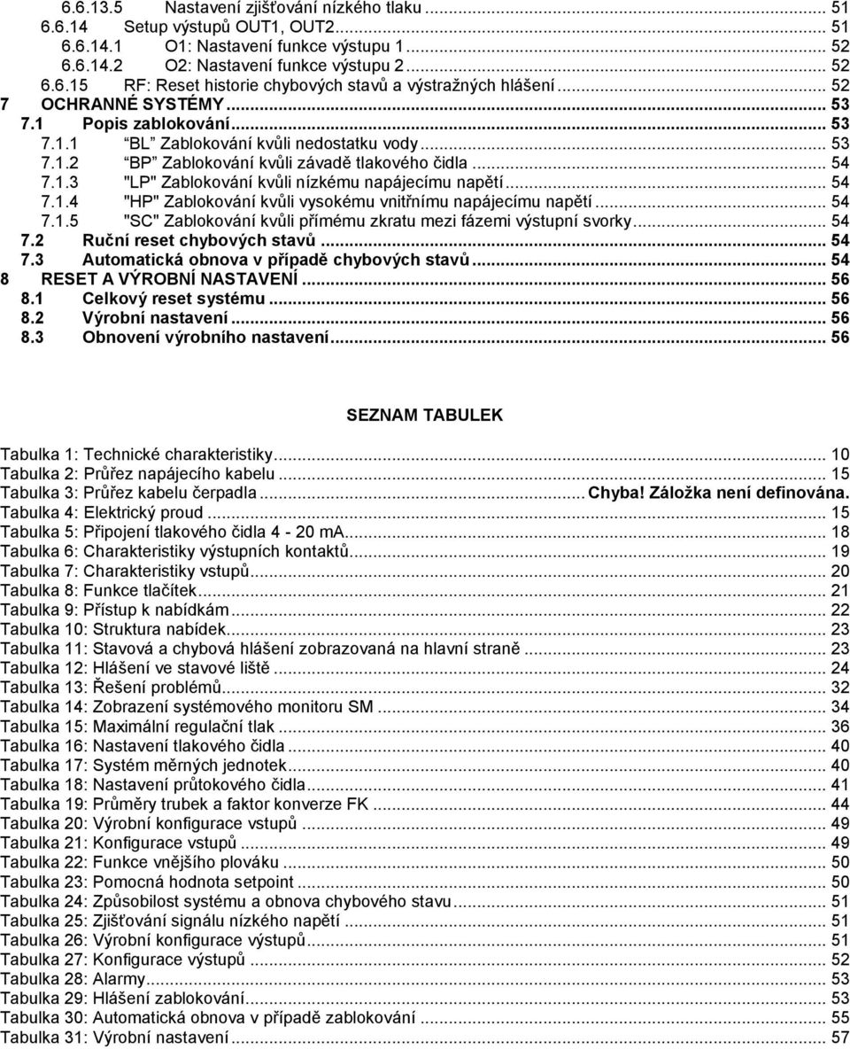 .. 54 7.1.4 "HP" Zablokování kvůli vysokému vnitřnímu napájecímu napětí... 54 7.1.5 "SC" Zablokování kvůli přímému zkratu mezi fázemi výstupní svorky... 54 7.2 Ruční reset chybových stavů... 54 7.3 Automatická obnova v případě chybových stavů.