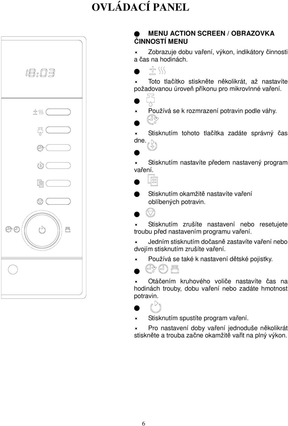 Stisknutím nastavíte předem nastavený program vaření. Stisknutím okamžitě nastavíte vaření oblíbených potravin. Stisknutím zrušíte nastavení nebo resetujete troubu před nastavením programu vaření.