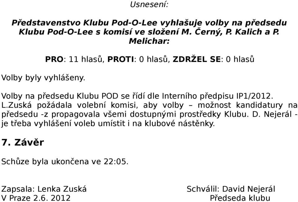 PRO: 11 hlasů, PROTI: 0 hlasů, ZDRŽEL SE: 0 hlasů Volby na předsedu Klubu POD se řídí dle Interního předpisu IP1/2012. L.