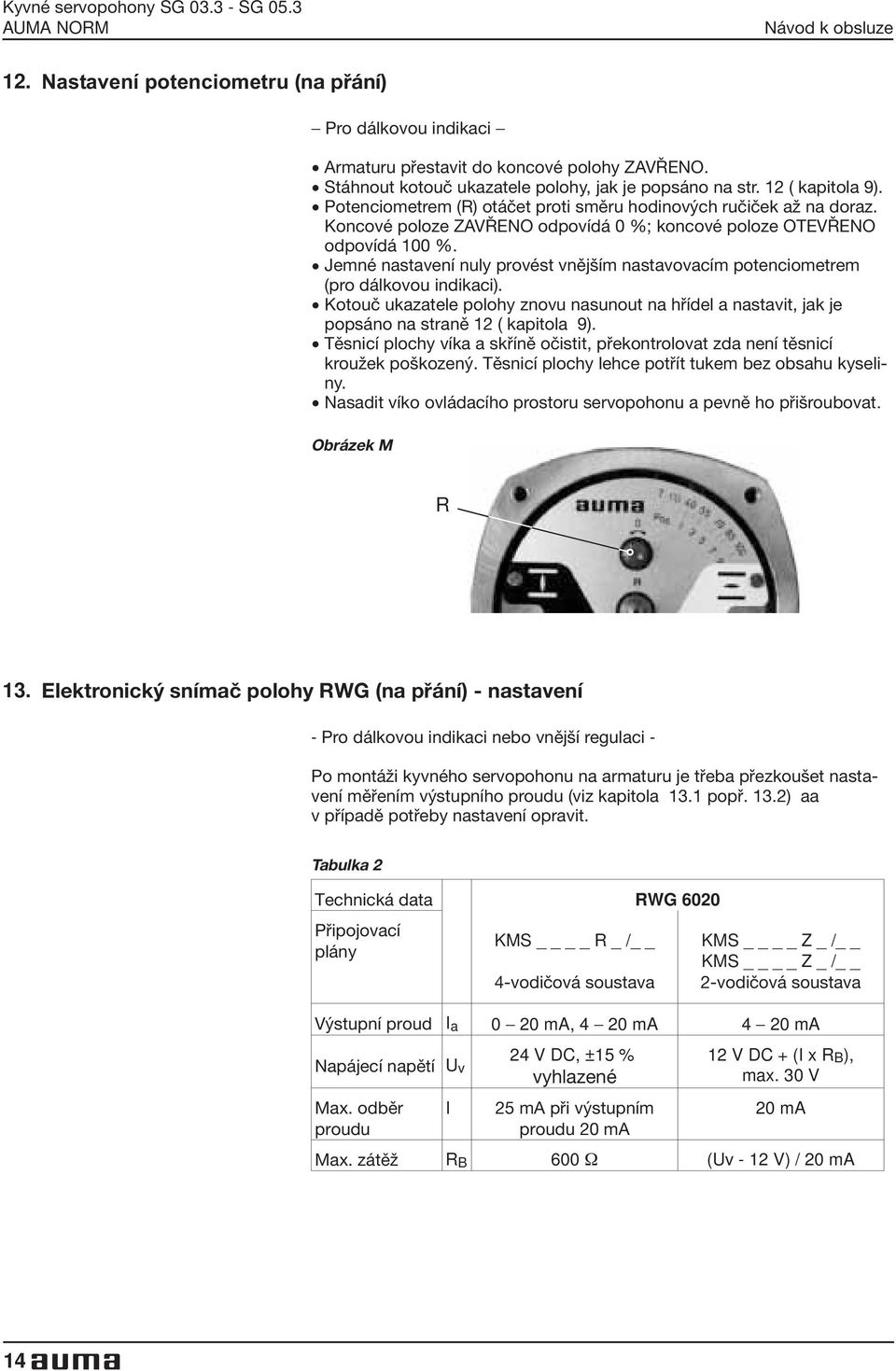 Koncové poloze ZAVŘENO odpovídá 0 %; koncové poloze OTEVŘENO odpovídá 100 %. Jemné nastavení nuly provést vnějším nastavovacím potenciometrem (pro dálkovou indikaci).