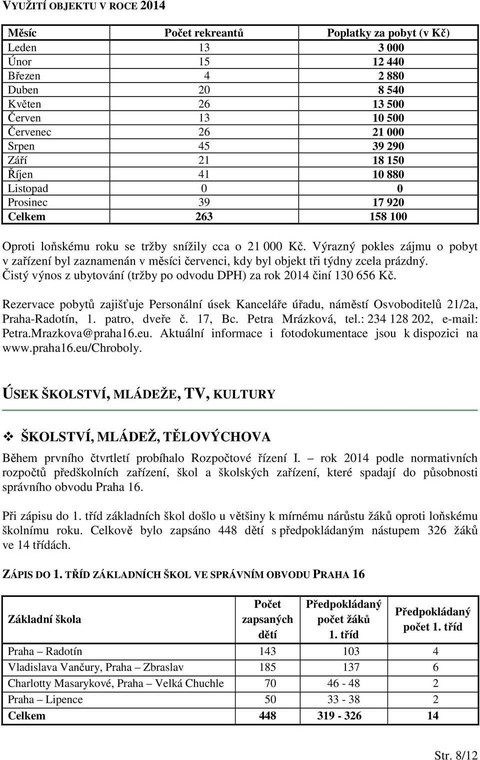 Výrazný pokles zájmu o pobyt v zařízení byl zaznamenán v měsíci červenci, kdy byl objekt tři týdny zcela prázdný. Čistý výnos z ubytování (tržby po odvodu DPH) za rok 2014 činí 130 656 Kč.