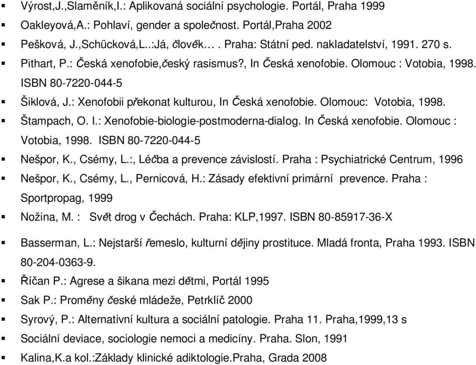 Olomouc: Votobia, 1998. Štampach, O. I.: Xenofobie-biologie-postmoderna-dialog. In Česká xenofobie. Olomouc : Votobia, 1998. ISBN 80-7220-044-5 Nešpor, K., Csémy, L.:, Léčba a prevence závislostí.