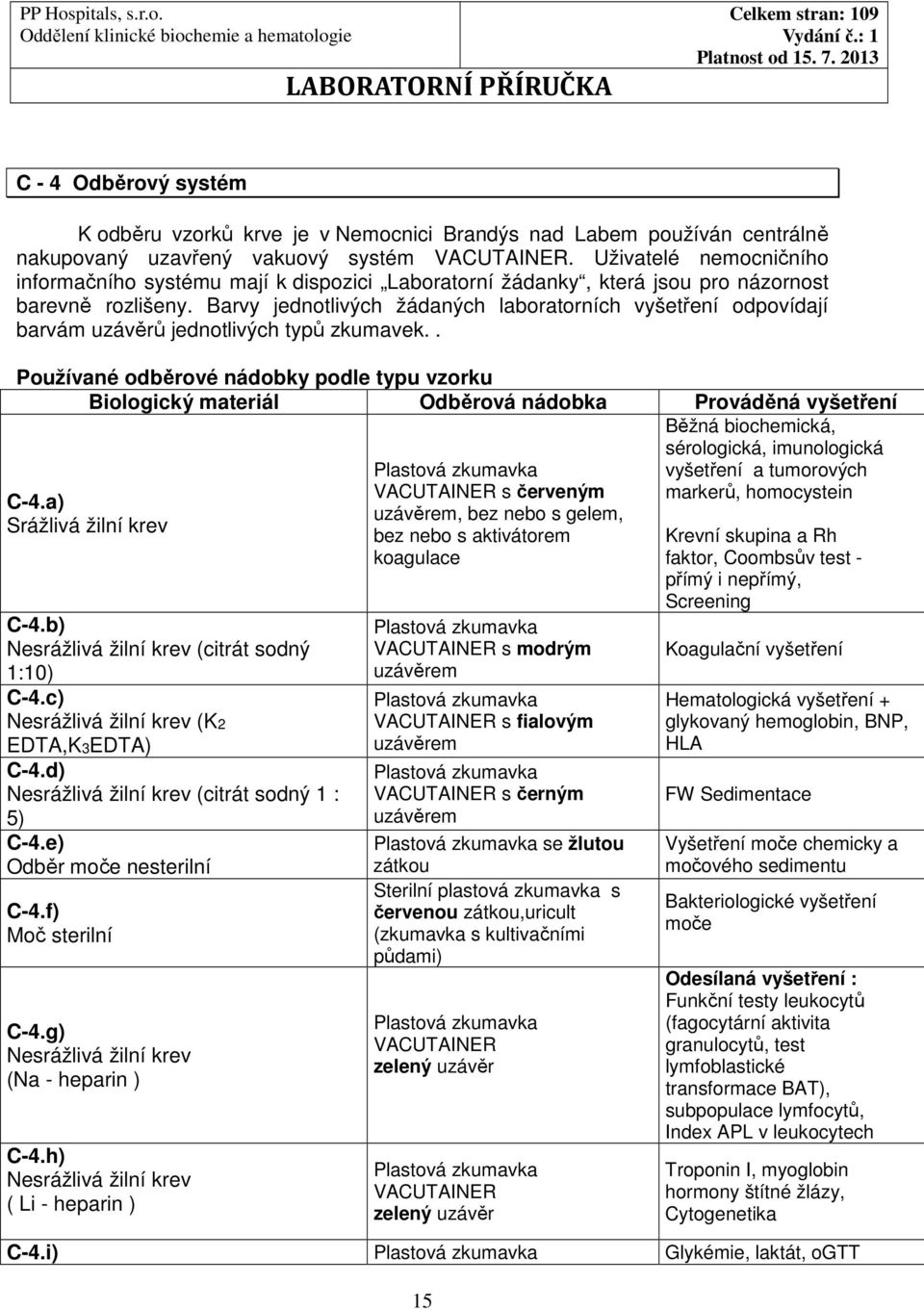 Barvy jednotlivých žádaných laboratorních vyšetření odpovídají barvám uzávěrů jednotlivých typů zkumavek.