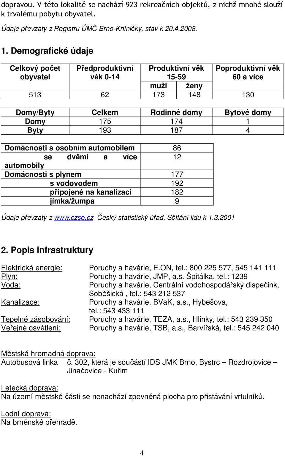 174 1 Byty 193 187 4 Domácnosti s osobním automobilem 86 se dvěmi a více 12 automobily Domácnosti s plynem 177 s vodovodem 192 připojené na kanalizaci 182 jímka/žumpa 9 Údaje převzaty z www.czso.