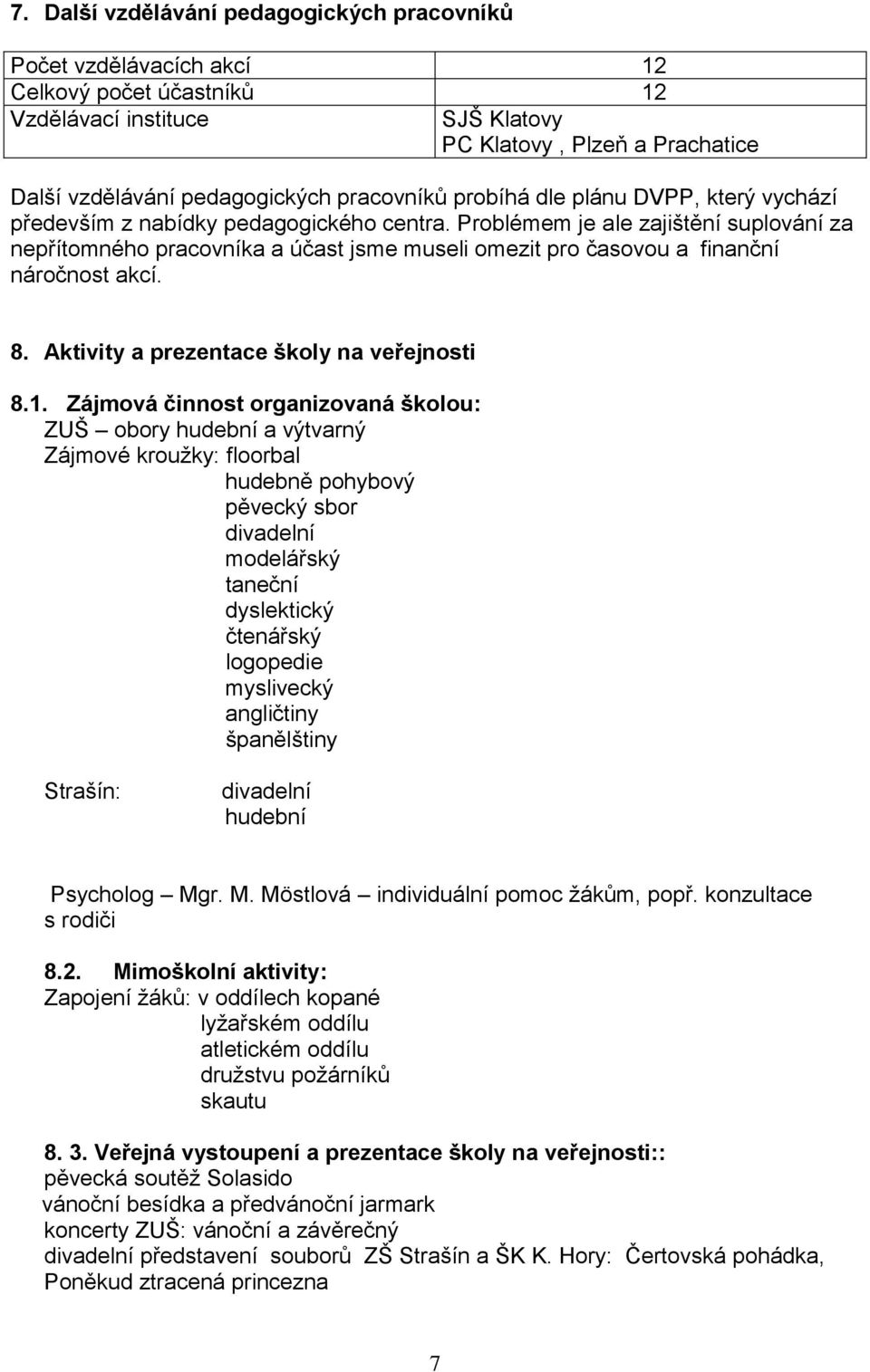 Problémem je ale zajištění suplování za nepřítomného pracovníka a účast jsme museli omezit pro časovou a finanční náročnost akcí. 8. Aktivity a prezentace školy na veřejnosti 8.1.