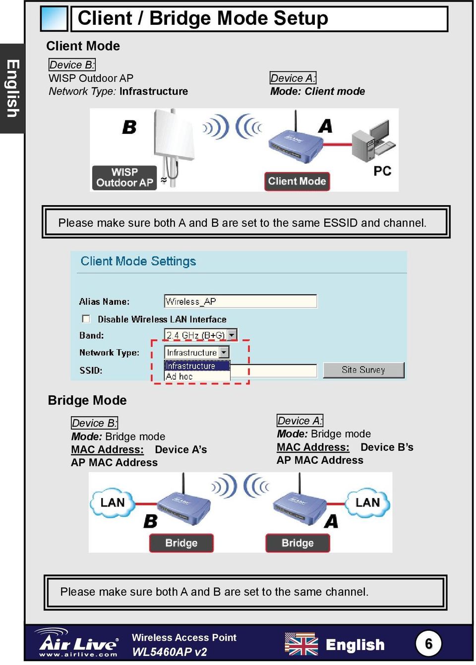 Bridge Mode Device B: Mode: Bridge mode MAC Address: Device A s AP MAC Address Device A: Mode: Bridge