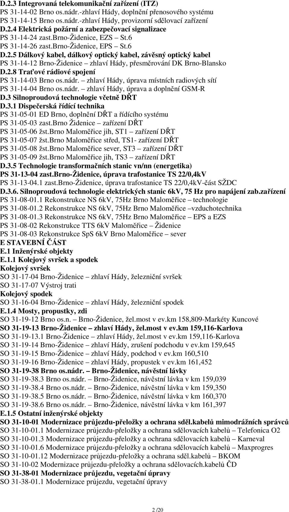 2.8 Traťové rádiové spojení PS 31-14-03 Brno os.nádr. zhlaví Hády, úprava místních radiových sítí PS 31-14-04 Brno os.nádr. zhlaví Hády, úprava a doplnění GSM-R D.