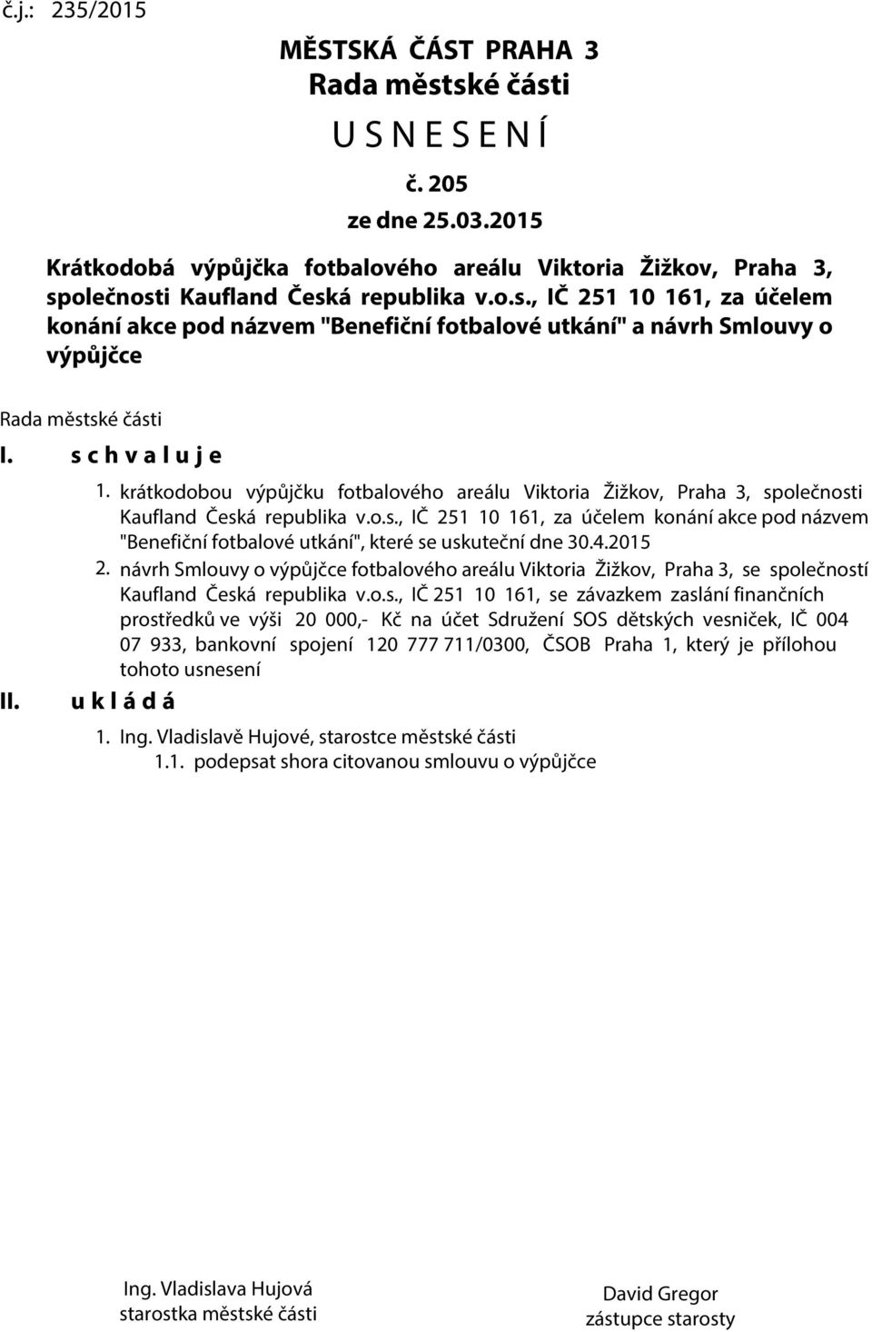 o.s., IČ 251 10 161, za účelem konání akce pod názvem "Benefiční fotbalové utkání", které se uskuteční dne 30.4.2015 2.