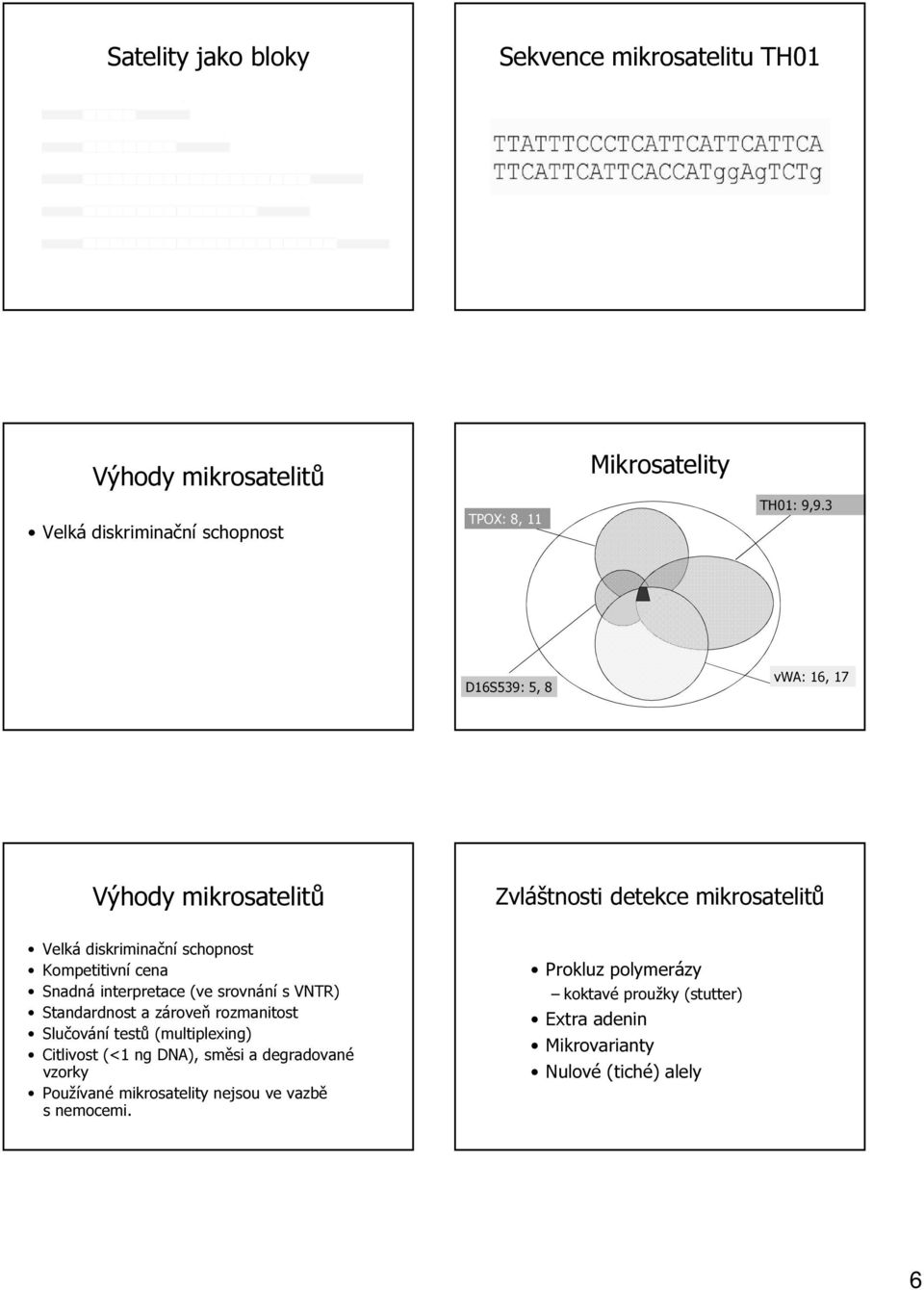interpretace (ve srovnání s VNTR) Standardnost a zároveň rozmanitost Slučování testů (multiplexing) Citlivost (<1 ng DNA), směsi a degradované