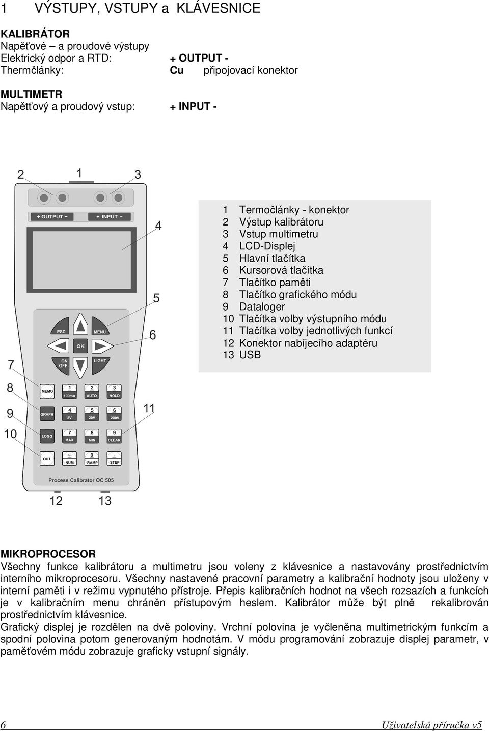 výstupního módu 11 Tlačítka volby jednotlivých funkcí 12 Konektor nabíjecího adaptéru 13 USB MIKROPROCESOR Všechny funkce kalibrátoru a multimetru jsou voleny z klávesnice a nastavovány