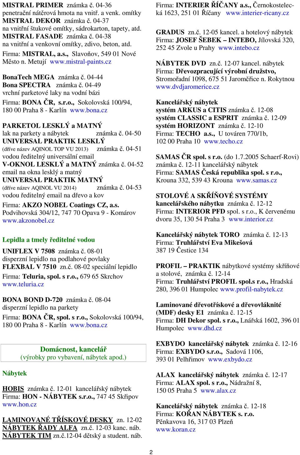 04-49 vrchní parketové laky na vodní bázi Firma: BONA ČR, s.r.o., Sokolovská 100/94, 180 00 Praha 8 - Karlín www.bona.cz PARKETOL LESKLÝ a MATNÝ lak na parkety a nábytek známka č.