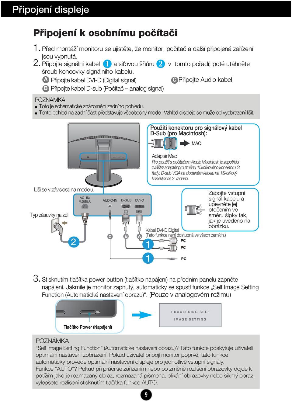 A B Pfiipojte kabel DVI-D (Digital signal) Pfiipojte kabel D-sub (Poãítaã analog signal) C Pfiipojte Audio kabel POZNÁMKA Toto je schematické znázornûní zadního pohledu.