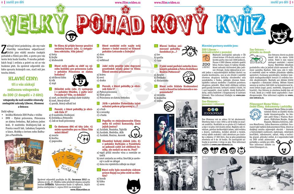 Hlavní ceny: tři z vás získají rodinnou vstupenku do ZOO (2 dospělí + 2 děti) vstupenky do naší soutěže věnovaly zoologické zahrady Liberec, Olomouc a Ostrava Další výhry: knížka Historie ZOO Praha +