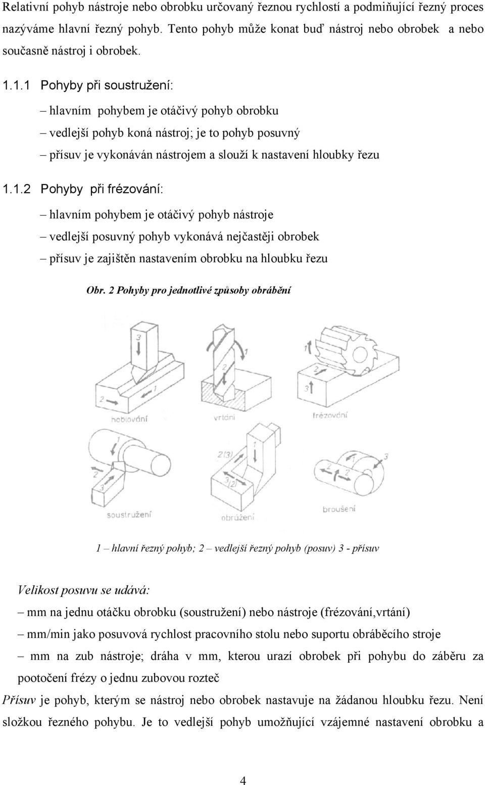 1.1 Pohyby při soustružení: hlavním pohybem je otáčivý pohyb obrobku vedlejší pohyb koná nástroj; je to pohyb posuvný přísuv je vykonáván nástrojem a slouží k nastavení hloubky řezu 1.1.2 Pohyby při frézování: hlavním pohybem je otáčivý pohyb nástroje vedlejší posuvný pohyb vykonává nejčastěji obrobek přísuv je zajištěn nastavením obrobku na hloubku řezu Obr.