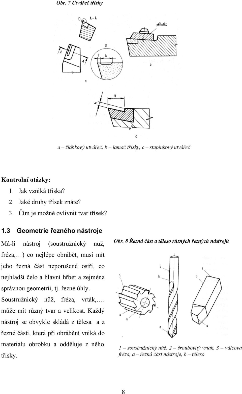 správnou geometrii, tj. řezné úhly. Soustružnický nůž, fréza, vrták,. může mít různý tvar a velikost.