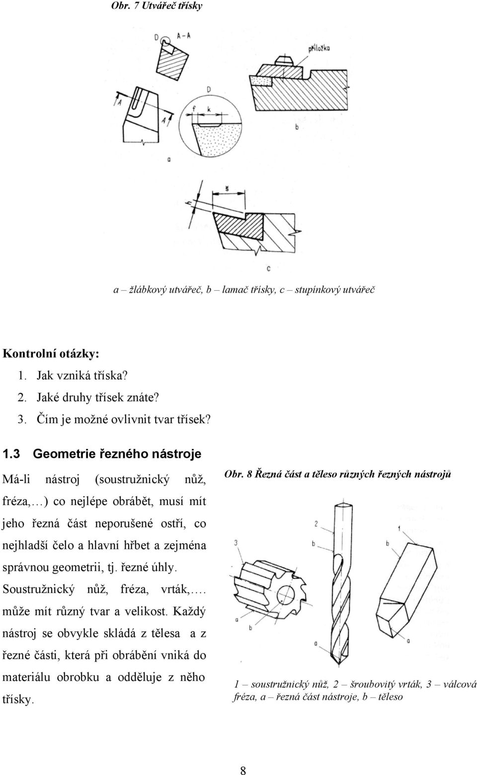 správnou geometrii, tj. řezné úhly. Soustružnický nůž, fréza, vrták,. může mít různý tvar a velikost.