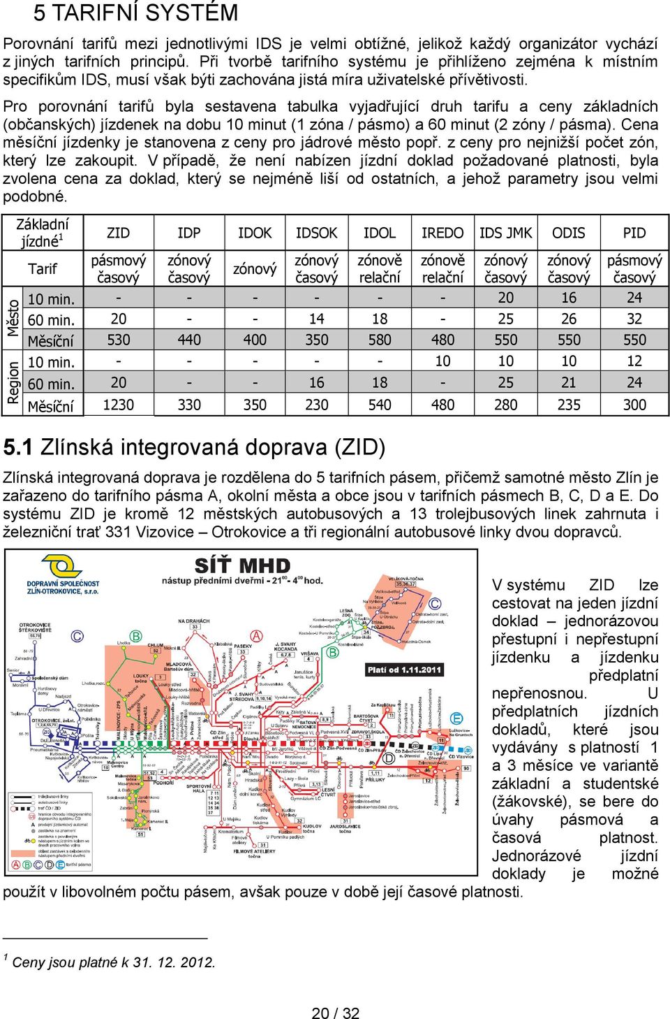 Pro porovnání tarifů byla sestavena tabulka vyjadřující druh tarifu a ceny základních (občanských) jízdenek na dobu 10 minut (1 zóna / pásmo) a 60 minut (2 zóny / pásma).