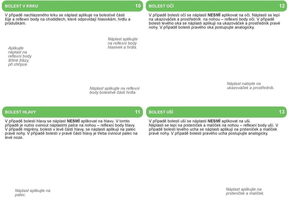 V případě bolesti levého oka se náplasti aplikují na ukazováček a prostředník pravé nohy. V případě bolesti pravého oka postupujte analogicky.