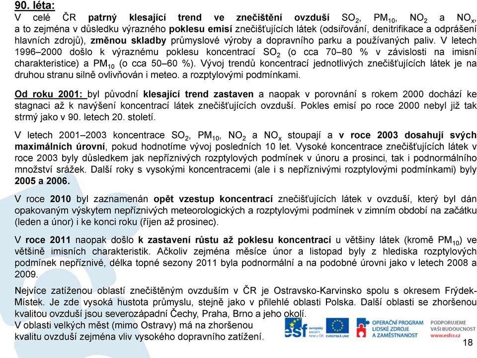 V letech 1996 2000 došlo k výraznému poklesu koncentrací SO 2 (o cca 70 80 % v závislosti na imisní charakteristice) a PM 10 (o cca 50 60 %).