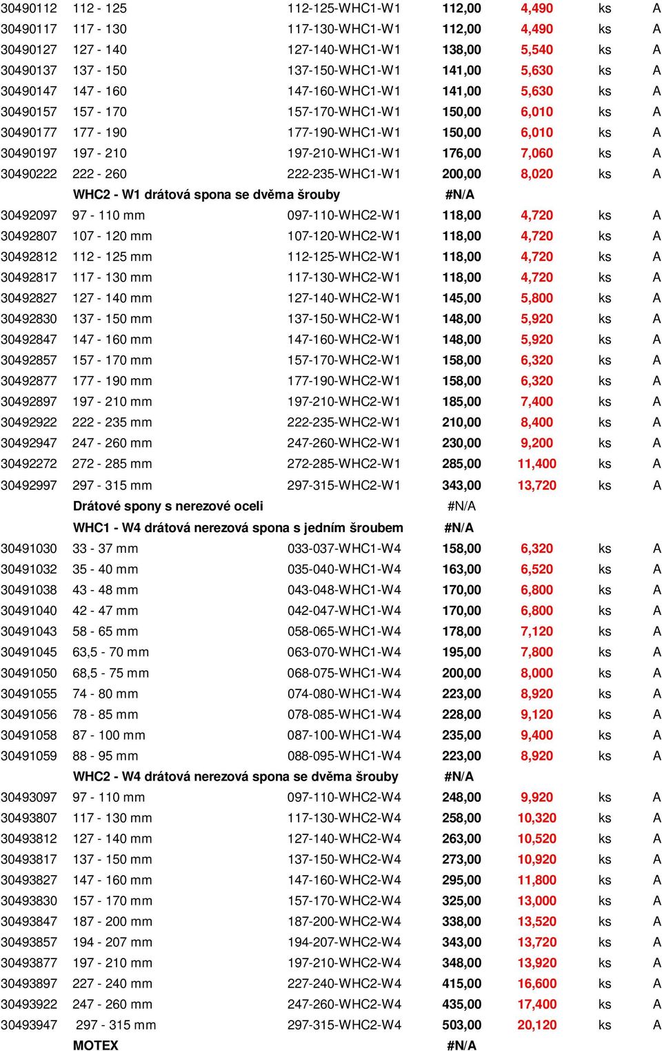 7,060 ks A 30490222 222-260 222-235-WHC1-W1 200,00 8,020 ks A WHC2 - W1 drátová spona se dvěma šrouby 30492097 97-110 mm 097-110-WHC2-W1 118,00 4,720 ks A 30492807 107-120 mm 107-120-WHC2-W1 118,00