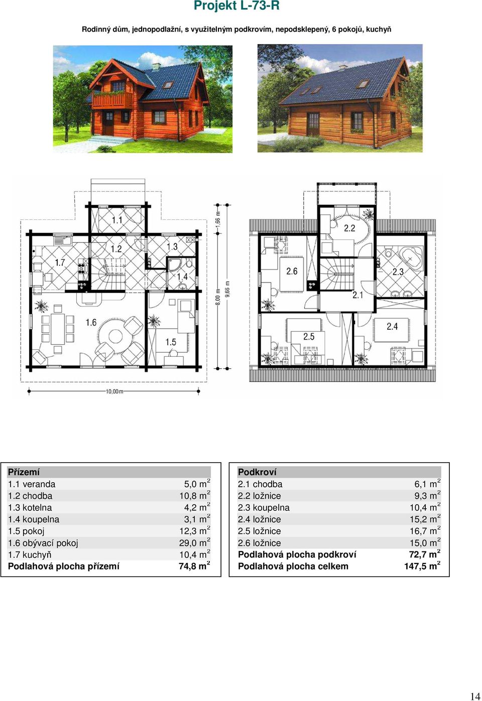 6 obývací pokoj 29,0 m 2 1.7 kuchyň 10,4 m 2 Podlahová plocha přízemí 74,8 m 2 2.1 chodba 6,1 m 2 2.