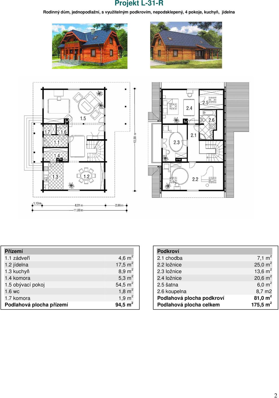 6 wc 1,8 m 2 1.7 komora 1,9 m 2 Podlahová plocha přízemí 94,5 m 2 2.1 chodba 7,1 m 2 2.2 ložnice 25,0 m 2 2.