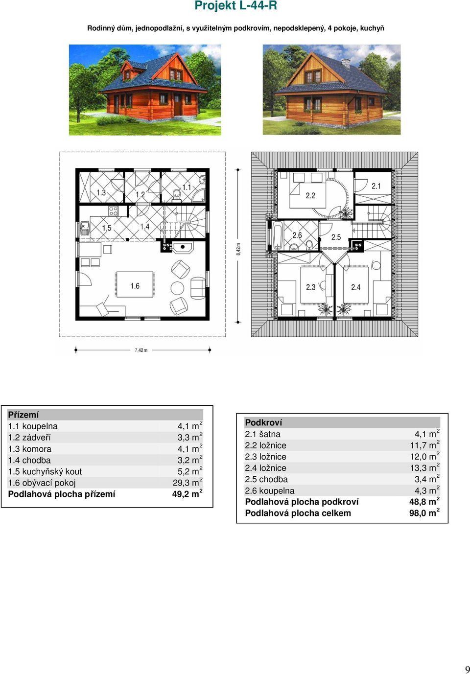 6 obývací pokoj 29,3 m 2 Podlahová plocha přízemí 49,2 m 2 2.1 šatna 4,1 m 2 2.2 ložnice 11,7 m 2 2.