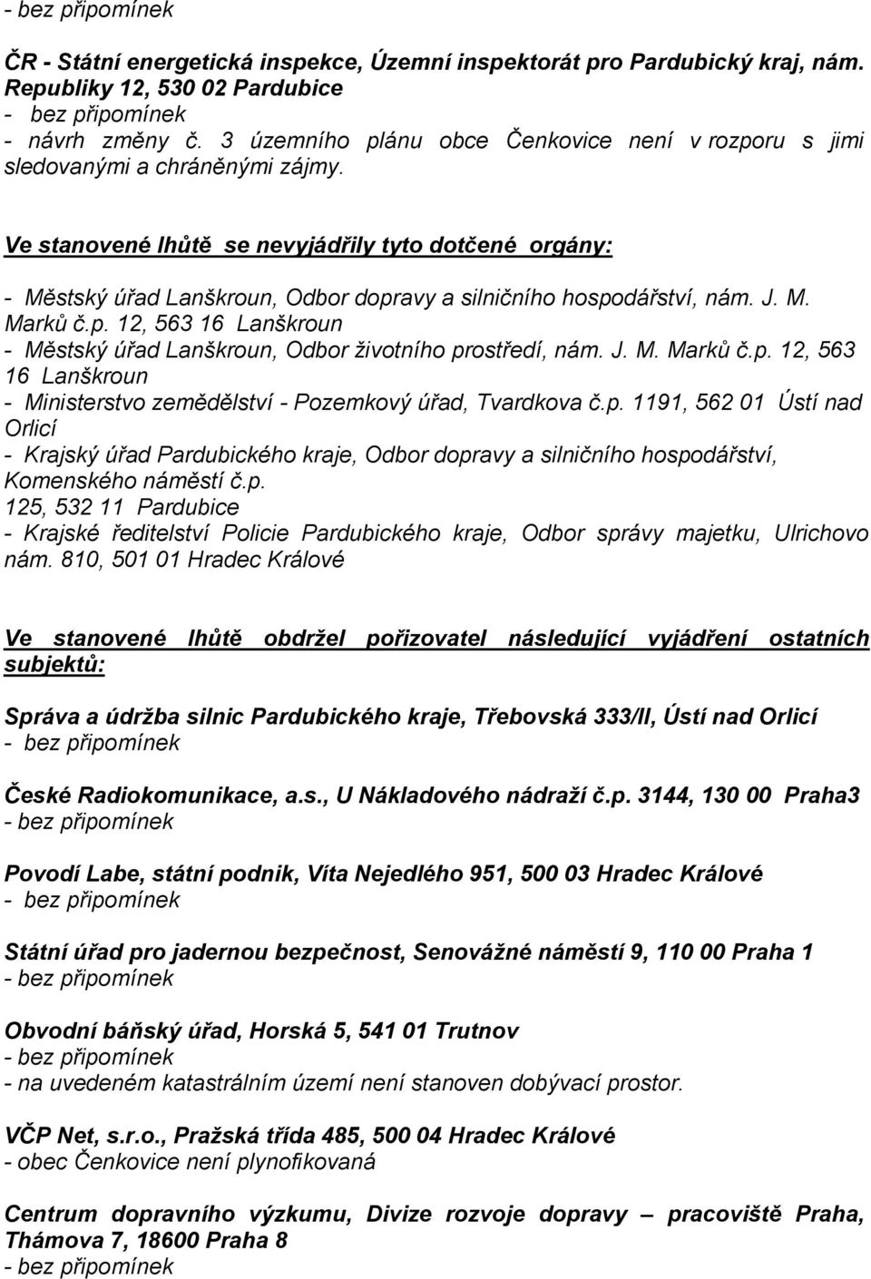 Ve stanovené lhůtě se nevyjádřily tyto dotčené orgány: - Městský úřad Lanškroun, Odbor dopravy a silničního hospodářství, nám. J. M. Marků č.p. 12, 563 16 Lanškroun - Městský úřad Lanškroun, Odbor životního prostředí, nám.