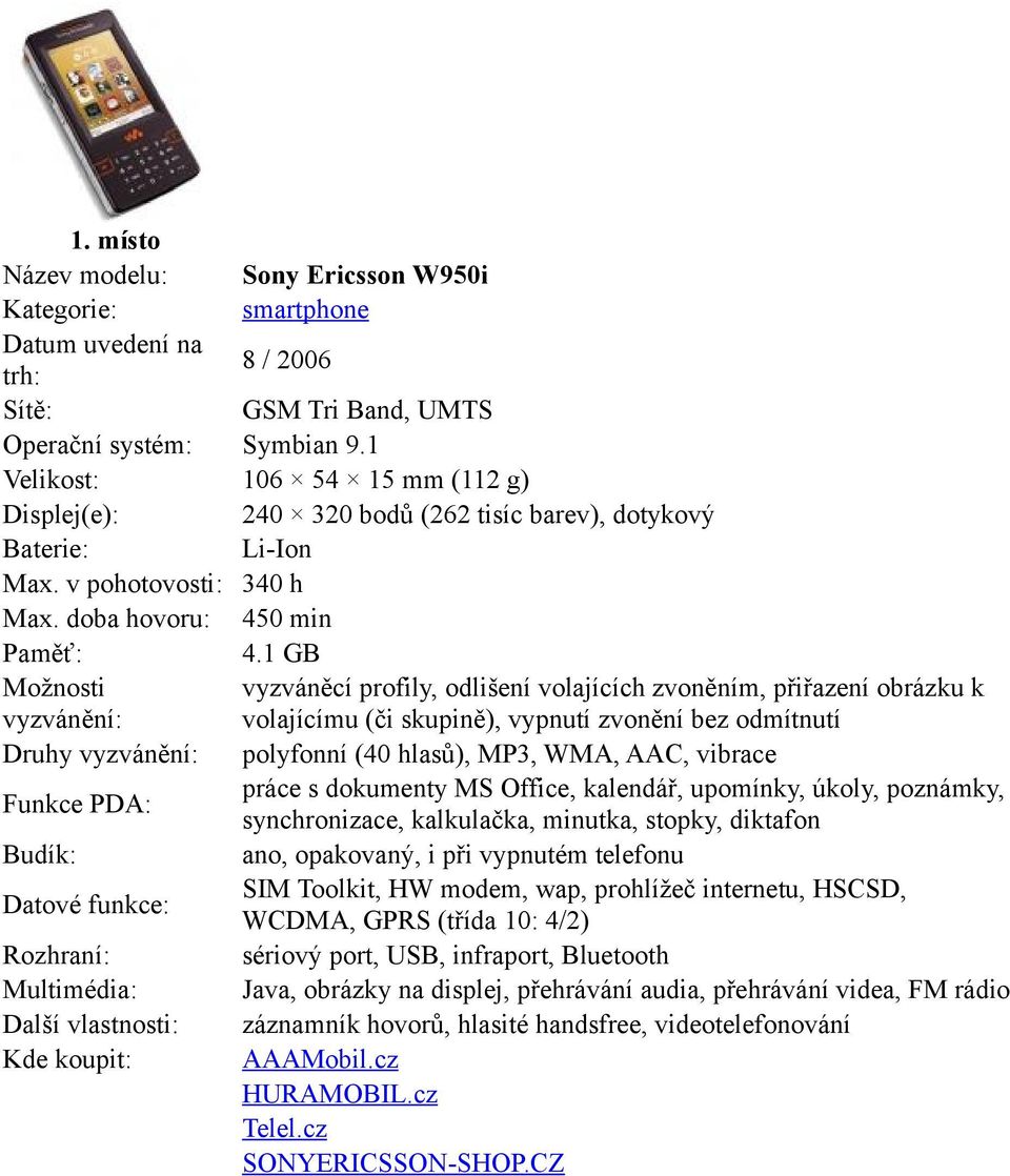 1 GB vyzváněcí profily, odlišení volajících zvoněním, přiřazení obrázku k volajícímu (či skupině), vypnutí zvonění bez odmítnutí Druhy polyfonní (40 hlasů), MP3, WMA, AAC, vibrace Funkce PDA: práce s