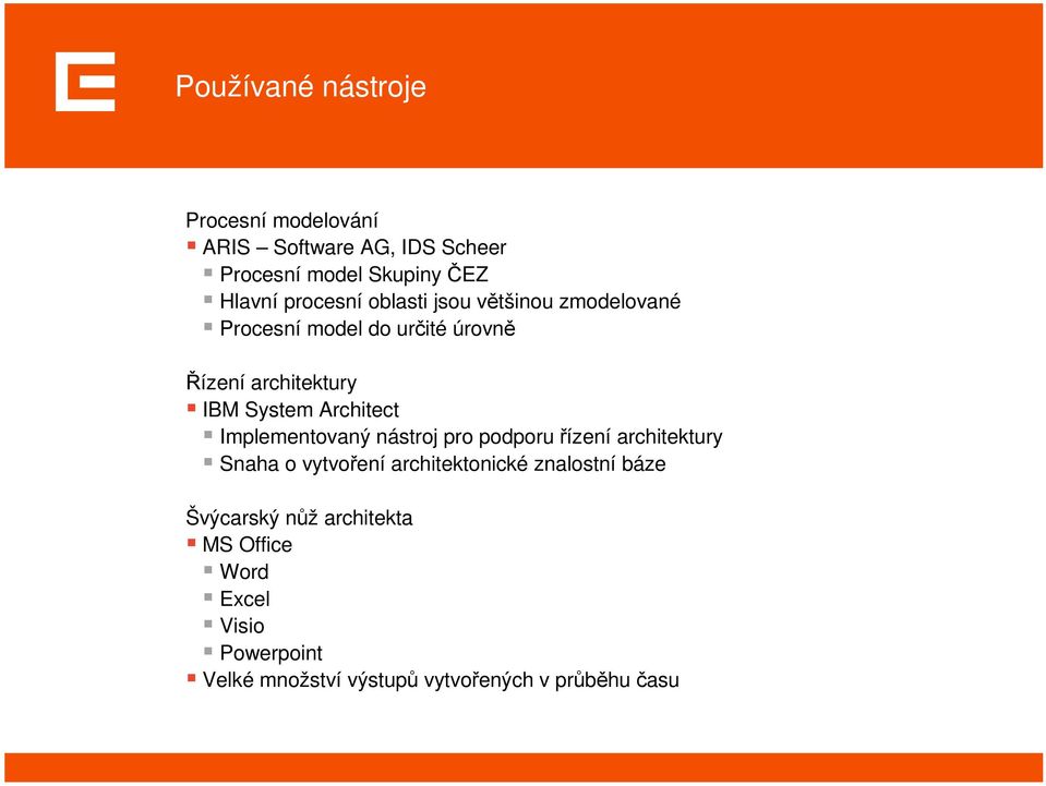 Architect Implementovaný nástroj pro podporu řízení architektury Snaha o vytvoření architektonické znalostní