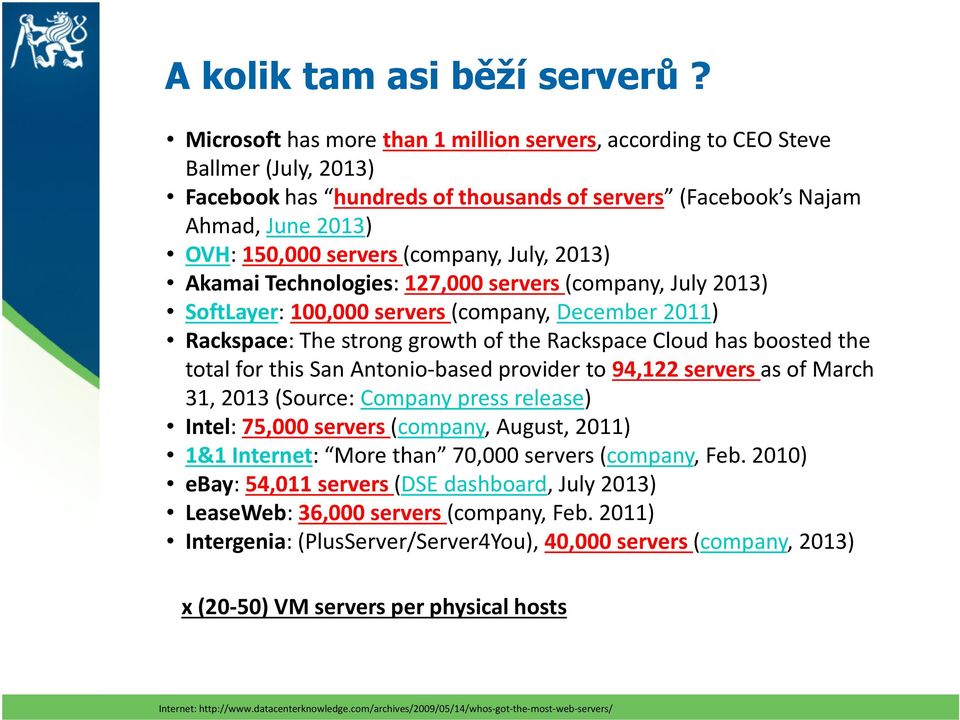 July, 2013) Akamai Technologies: 127,000 servers (company, July 2013) SoftLayer: 100,000 servers (company, December 2011) Rackspace: The strong growth of the Rackspace Cloud has boosted the total for