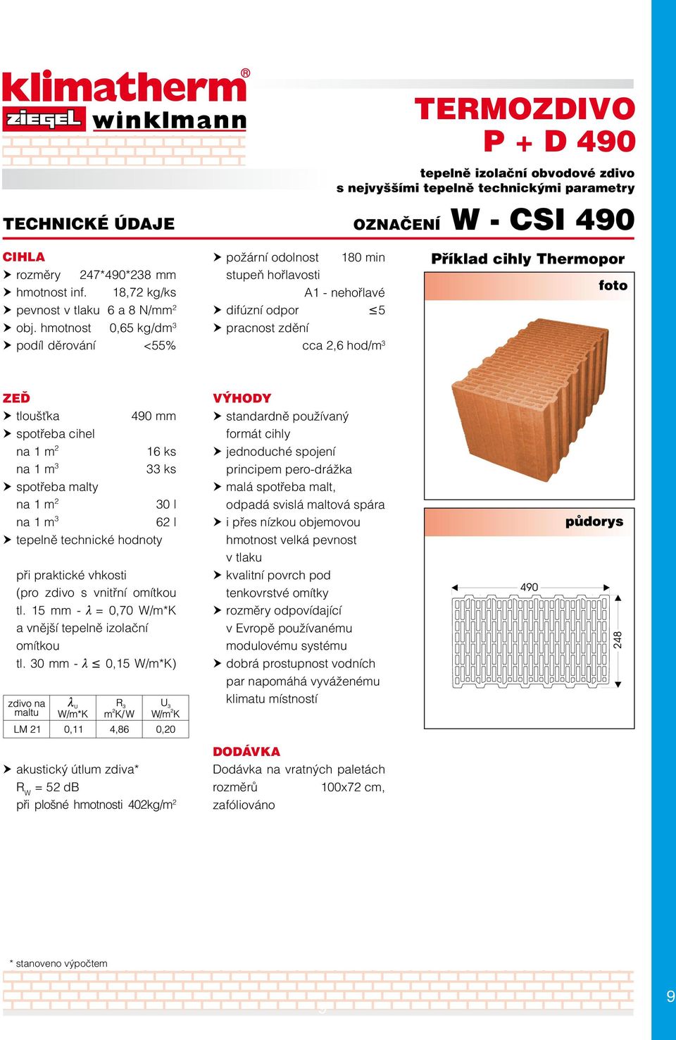 hmotnost 0,65 kg/dm 3 podíl děrování <55% difúzní odpor 5 cca 2,6 hod/m 3 490 mm 16 ks 33 ks 30 l 62 l při praktické vhkosti (pro zdivo s vnitřní omítkou tl.