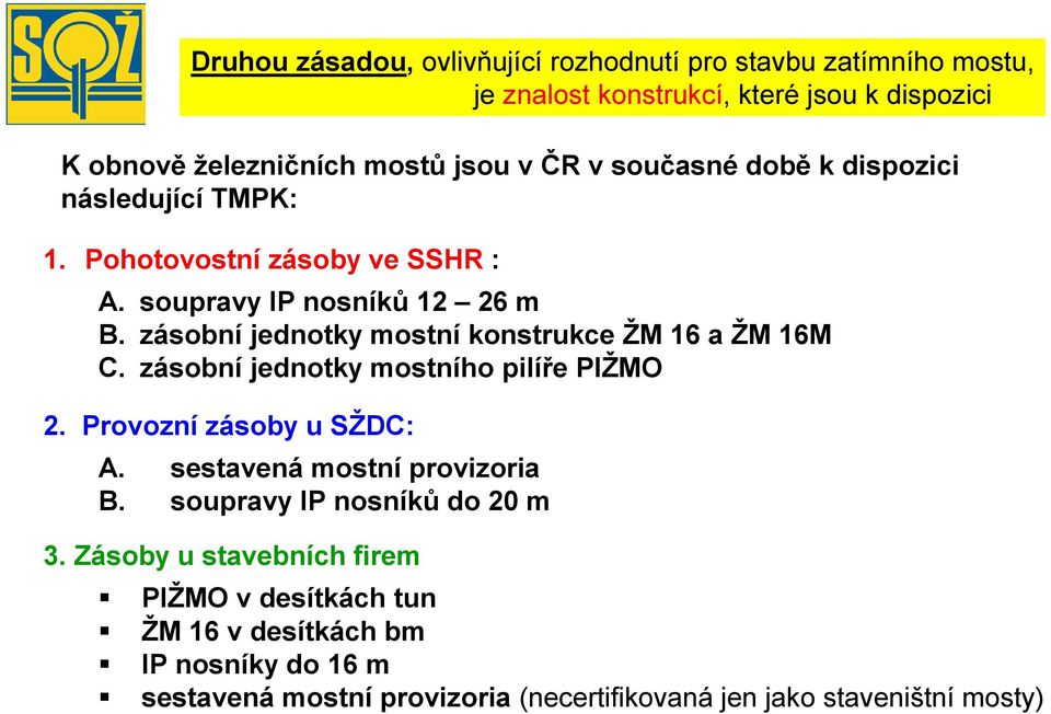 zásobní jednotky mostní konstrukce ŽM 16 a ŽM 16M C. zásobní jednotky mostního pilíře PIŽMO 2. Provozní zásoby u SŽDC: A. B.