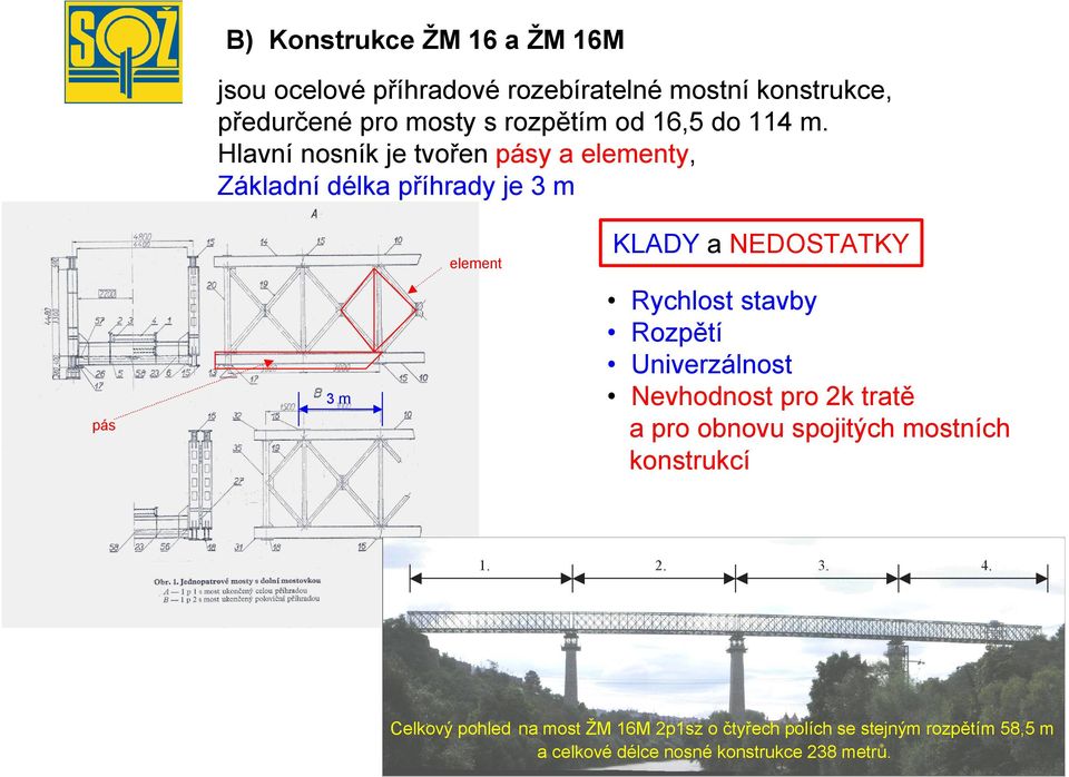 Hlavní nosník je tvořen pásy a elementy, Základní délka příhrady je 3 m element KLADY a NEDOSTATKY 3m pás 1.