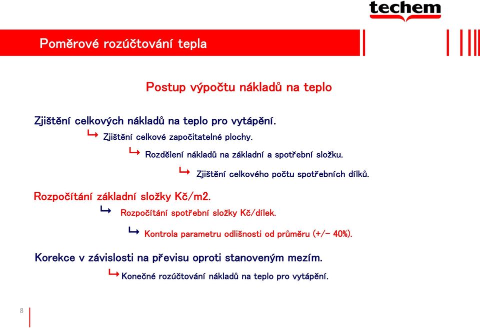 Zjištění celkového počtu spotřebních dílků. Rozpočítání základní složky Kč/m2. Rozpočítání spotřební složky Kč/dílek.